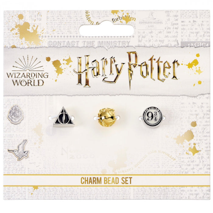 Harry Potter Charm Set- Black Leather Bracelet/Deathly  Hallows/Snitch/Platfrom 9 3/4/ 2 Spellbeads- HP0091